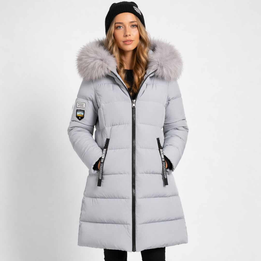 Parka Femme Longue Capuche | Doublure Isolante Bordée Élégante in Gris#couleur_gris