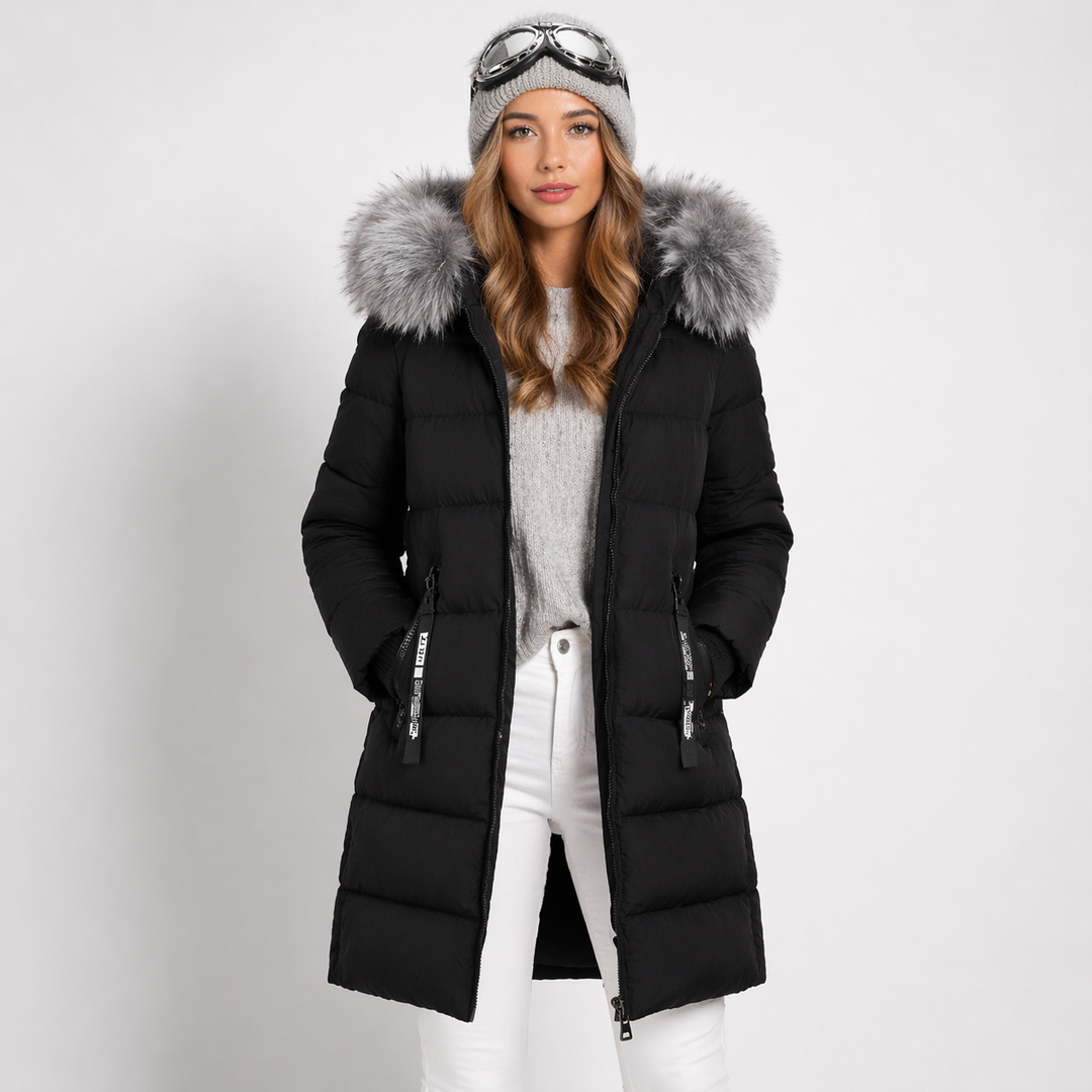 Parka Femme Longue Capuche | Doublure Isolante Bordée Élégante in Noir#couleur_noir