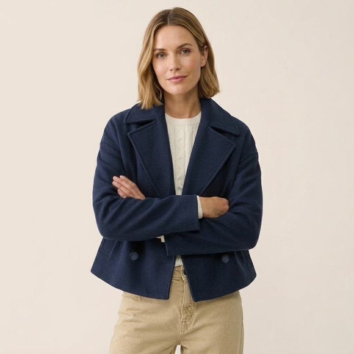 Manteau Court en Laine | Épaules Tombantes Décontracté – Marine #couleur_marine