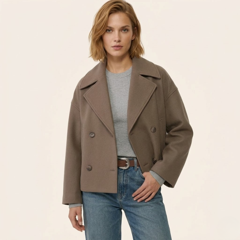 Manteau Court en Laine | Épaules Tombantes Décontracté – Taupe #couleur_taupe