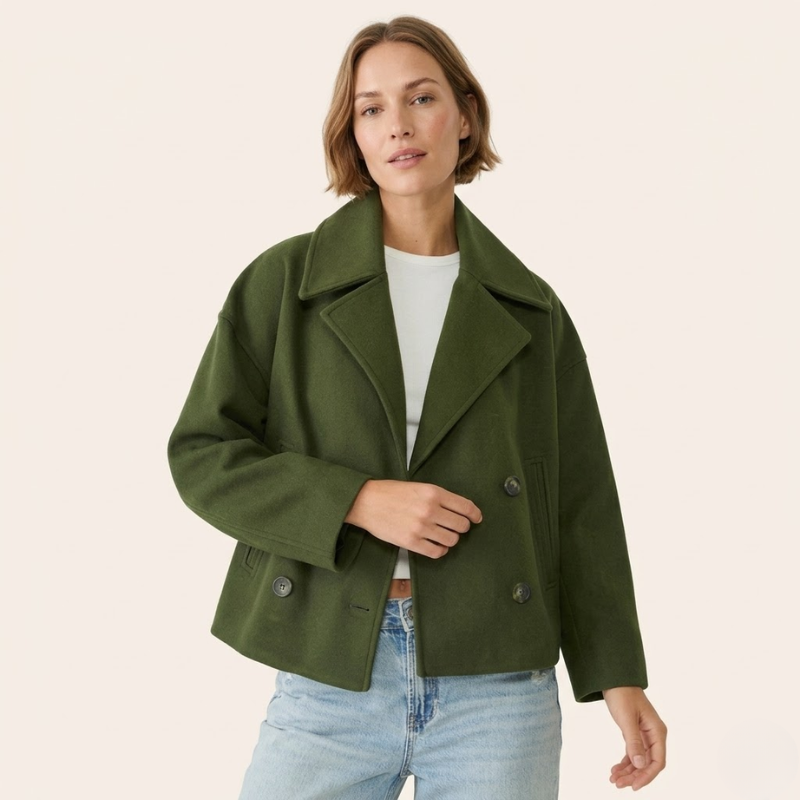 Manteau Court en Laine | Épaules Tombantes Décontracté – Vert olive #couleur_vert-olive