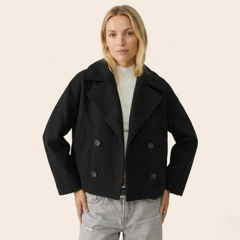 Manteau Court en Laine | Épaules Tombantes Décontracté – Noir #couleur_noir