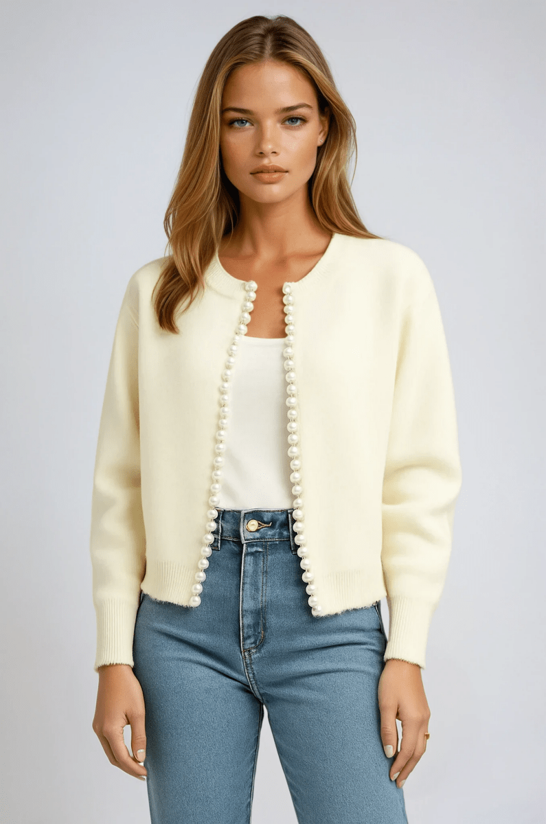 Gilet Femme Noir à Perles | Bordure Nacrée et Maille Fine in Blanc#couleur_blanc