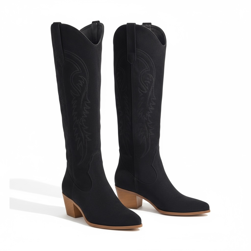 Bottes Western Femme Hautes | Broderies et Bout Pointu in Noir#couleur_noir