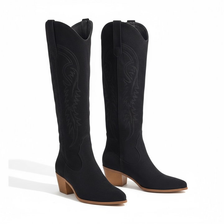 Bottes Western Femme Hautes | Broderies et Bout Pointu in Noir#couleur_noir