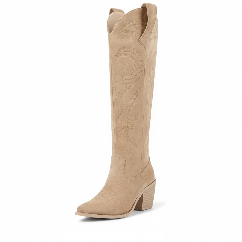 Bottes Western Femme Hautes | Broderies et Bout Pointu in Beige#couleur_beige