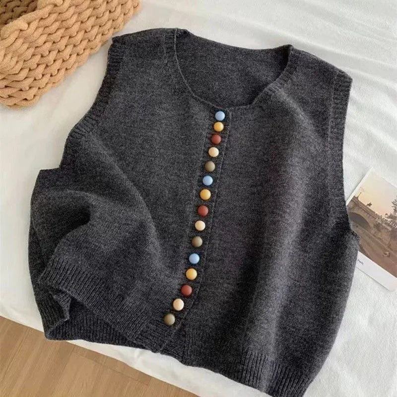 Gilet Femme Boutonné en Maille Fine | Boutons Contrastés – Gris#couleur_gris