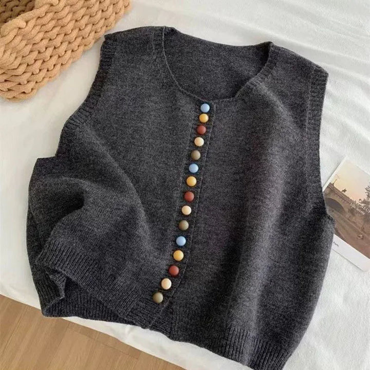 Gilet Femme Boutonné en Maille Fine | Boutons Contrastés – Gris#couleur_gris