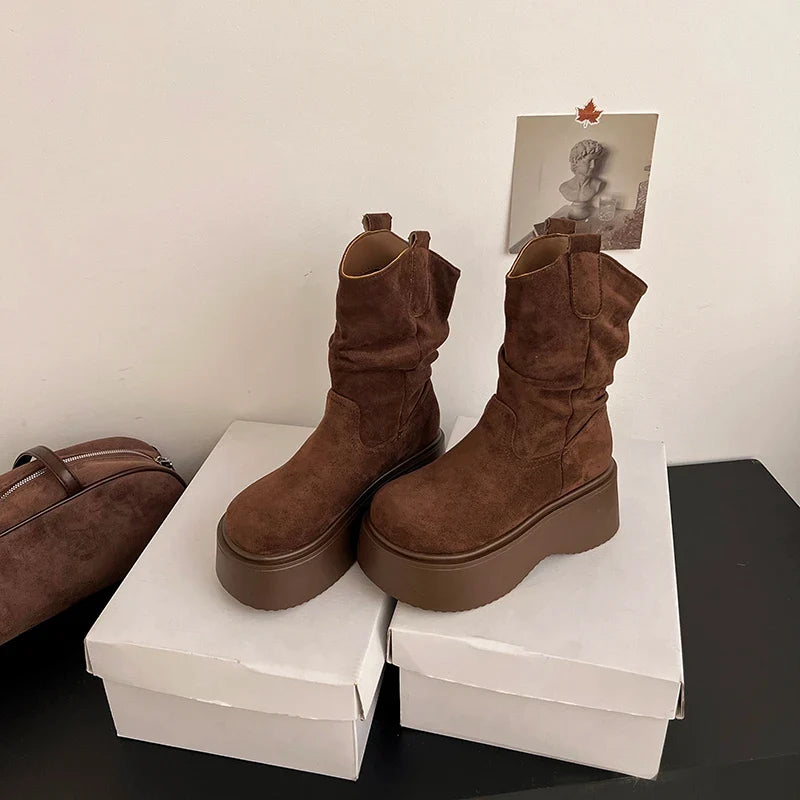 Bottes Femme Mi Hautes à Plateforme | Daim Plissé Confortables – Marron #couleur_marron