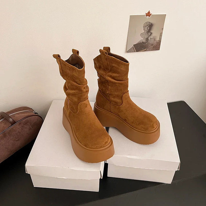 Bottes Femme Mi Hautes à Plateforme | Daim Plissé Confortables – Camel #couleur_camel