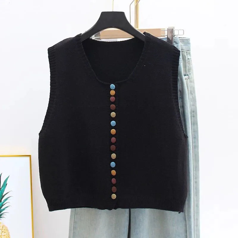 Gilet Femme Boutonné en Maille Fine | Boutons Contrastés – Noir#couleur_noir