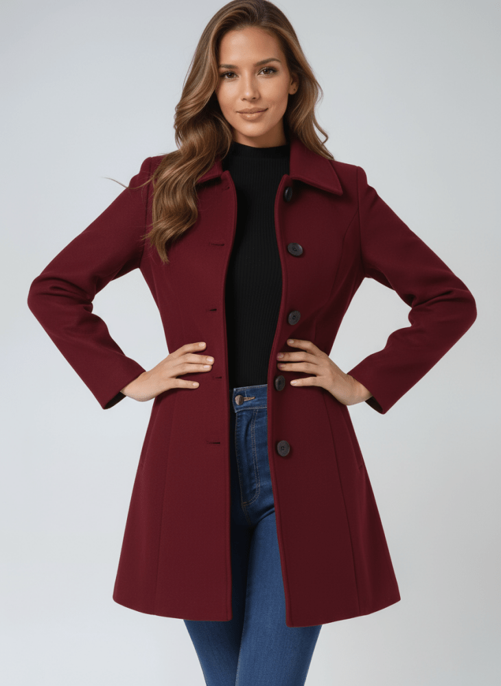 Manteau Trapèze à Col Rond | Taille Marquée Féminine – Bordeaux #couleur_bordeaux