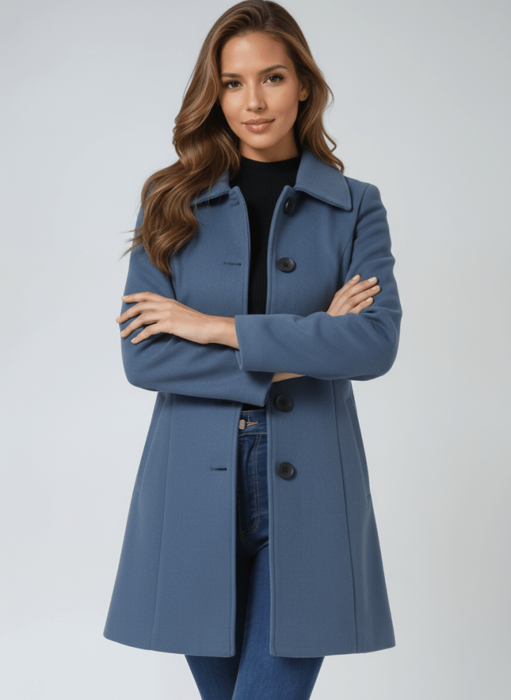 Manteau Trapèze à Col Rond | Taille Marquée Féminine – Bleu #couleur_bleu