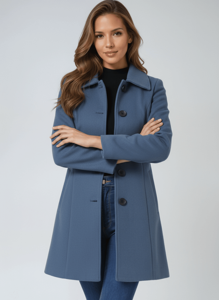 Manteau Trapèze à Col Rond | Taille Marquée Féminine – Bleu #couleur_bleu