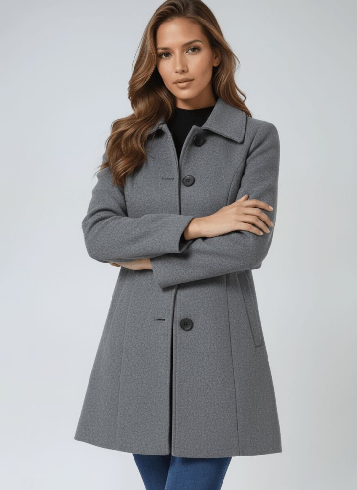 Manteau Trapèze à Col Rond | Taille Marquée Féminine – Gris #couleur_gris
