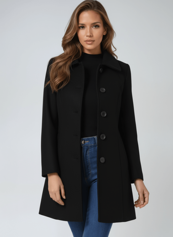Manteau Trapèze à Col Rond | Taille Marquée Féminine – Noir #couleur_noir