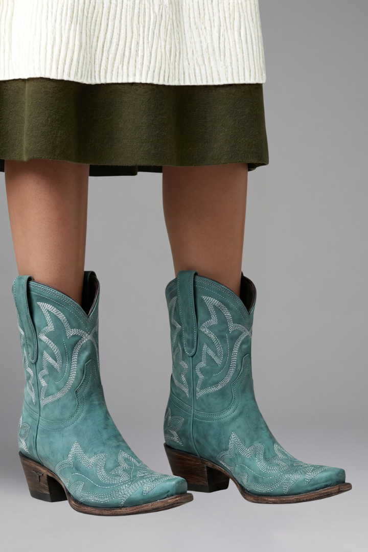 Bottes Santiag Femme Tige Courte | Broderies et Bout Pointu in Turquoise#couleur_turquoise