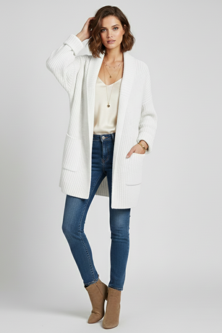 Gilet Femme Noir Col V | Maille Côtelée et Boutons Nacrés in Blanc#couleur_blanc