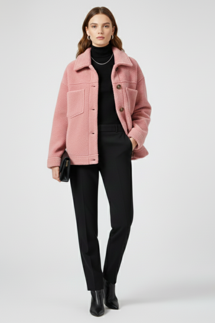 Veste Polaire Femme Boutonnée | Col Chemise et Poches – Rose#couleur_rose