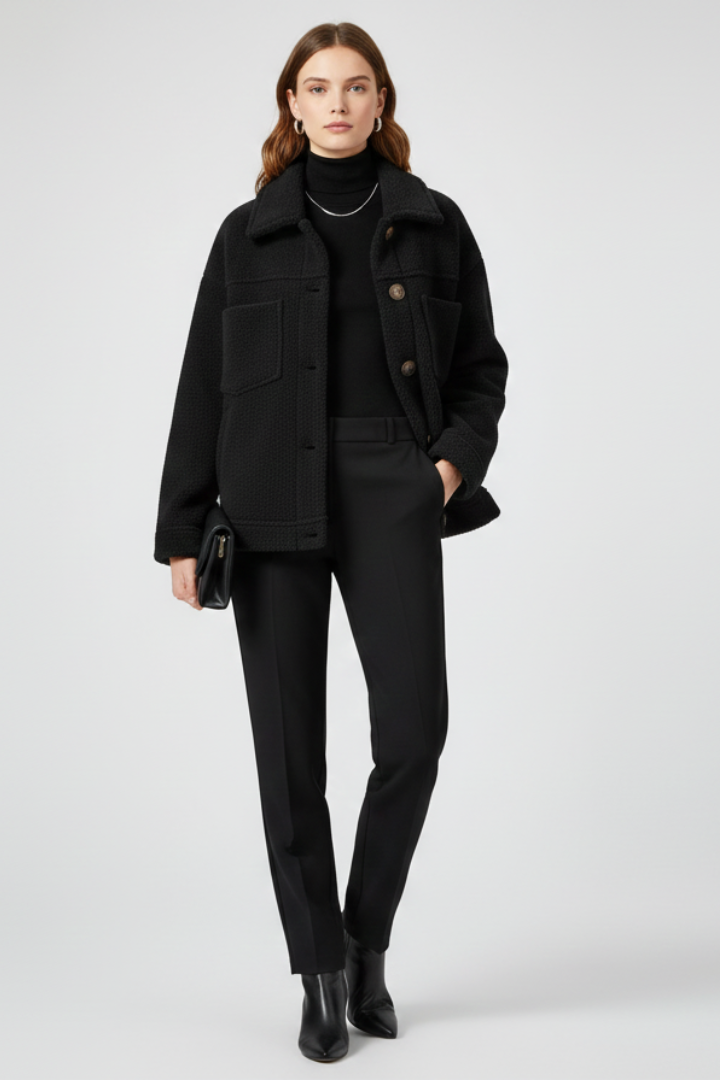 Veste Polaire Femme Boutonnée | Col Chemise et Poches – Noir#couleur_noir