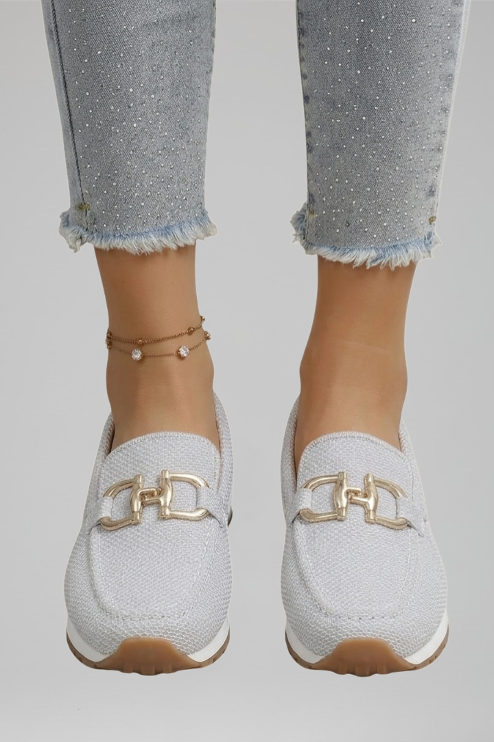 Mocassin Beige Femme en Maille | Tige Respirante et Extensible in Blanc#couleur_blanc