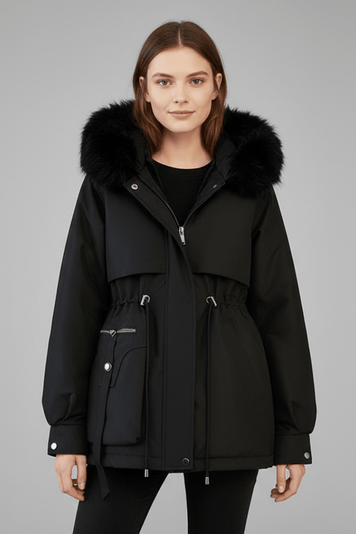 Parka Femme Capuche Cordon | Coupe Droite Mi Longue Chic in Noir#couleur_noir