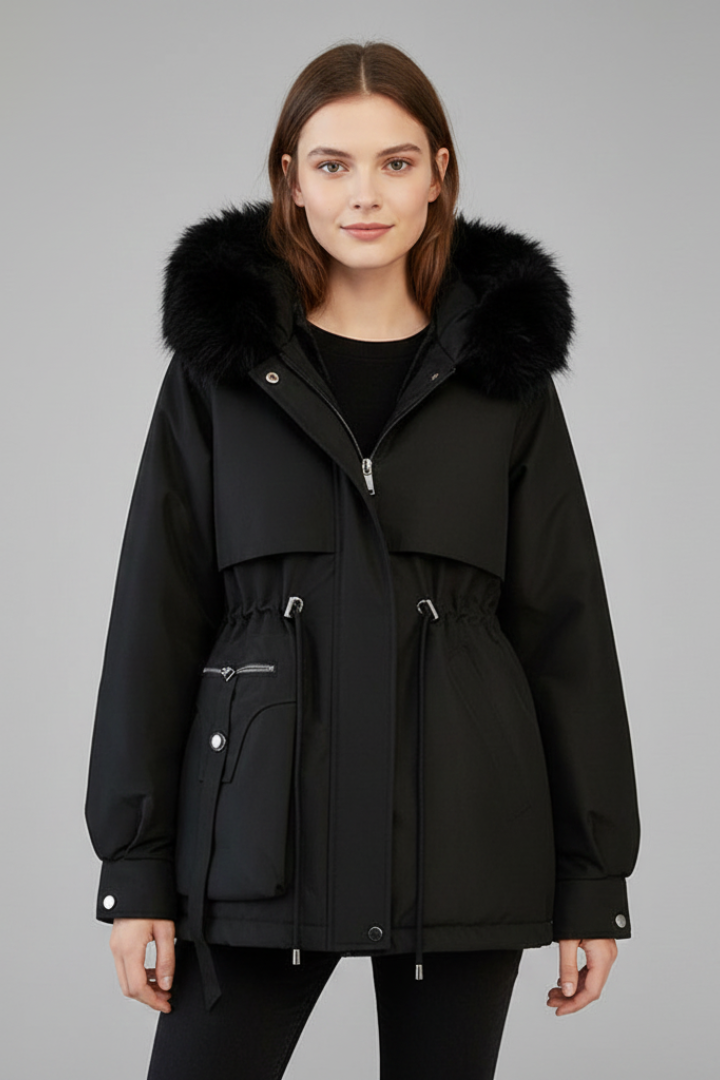 Anorak Femme Capuche Bordée | Cordon de Serrage et Zip Deux Sens in Noir#couleur_noir