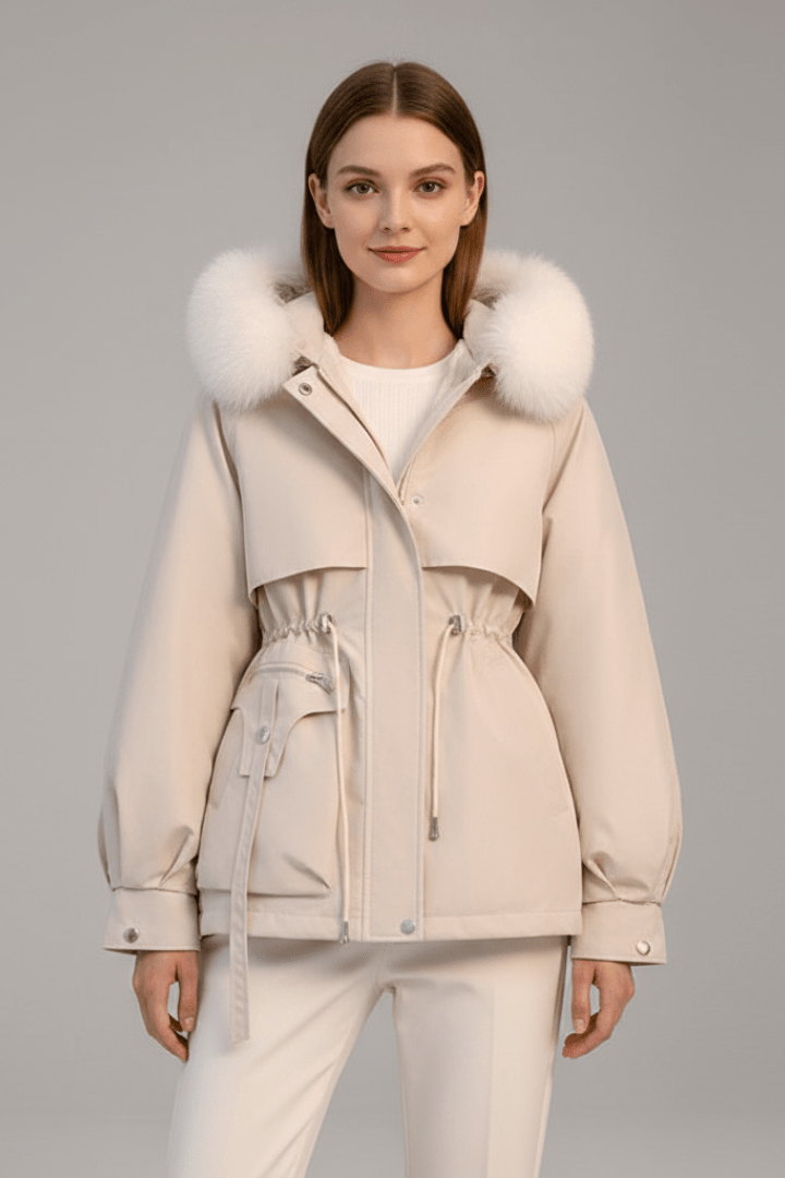 Parka Femme Capuche Cordon | Coupe Droite Mi Longue Chic in Écru#couleur_cru