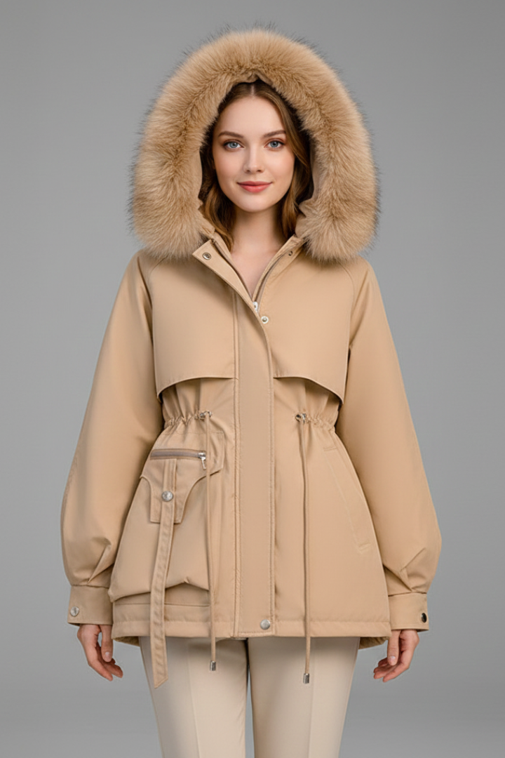 Anorak Femme Capuche Bordée | Cordon de Serrage et Zip Deux Sens in Beige#couleur_beige