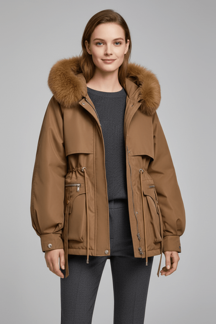 Parka Femme Capuche Cordon | Coupe Droite Mi Longue Chic in Camel#couleur_camel