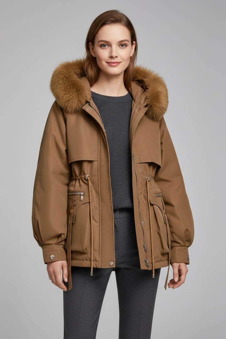 Anorak Femme Capuche Bordée | Cordon de Serrage et Zip Deux Sens in Camel#couleur_camel
