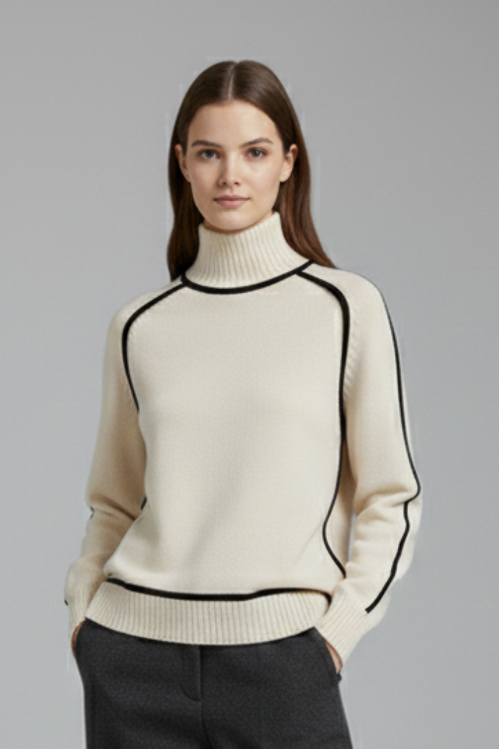 Pull Col Roulé Femme Bicolore à Passepoil | Maille Raffinée – Blanc#couleur_blanc