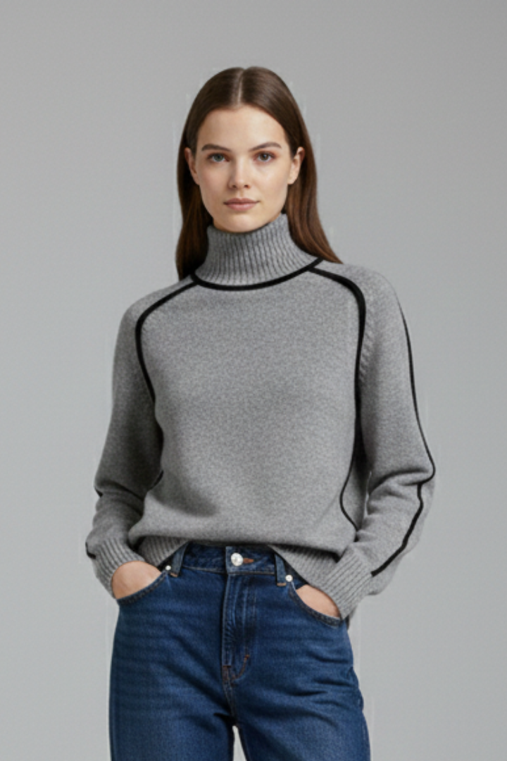 Pull Col Roulé Femme Bicolore à Passepoil | Maille Raffinée – Gris#couleur_gris