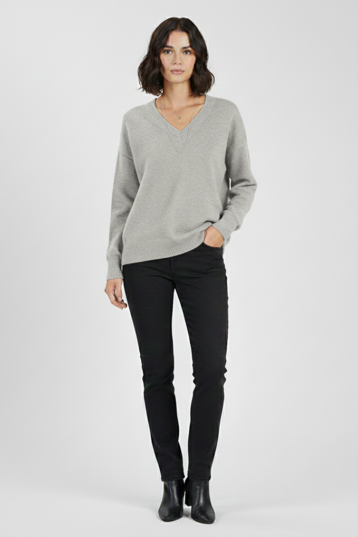 Pull Col V Femme Uni | Maille Fine et Coupe Droite – Gris#couleur_gris