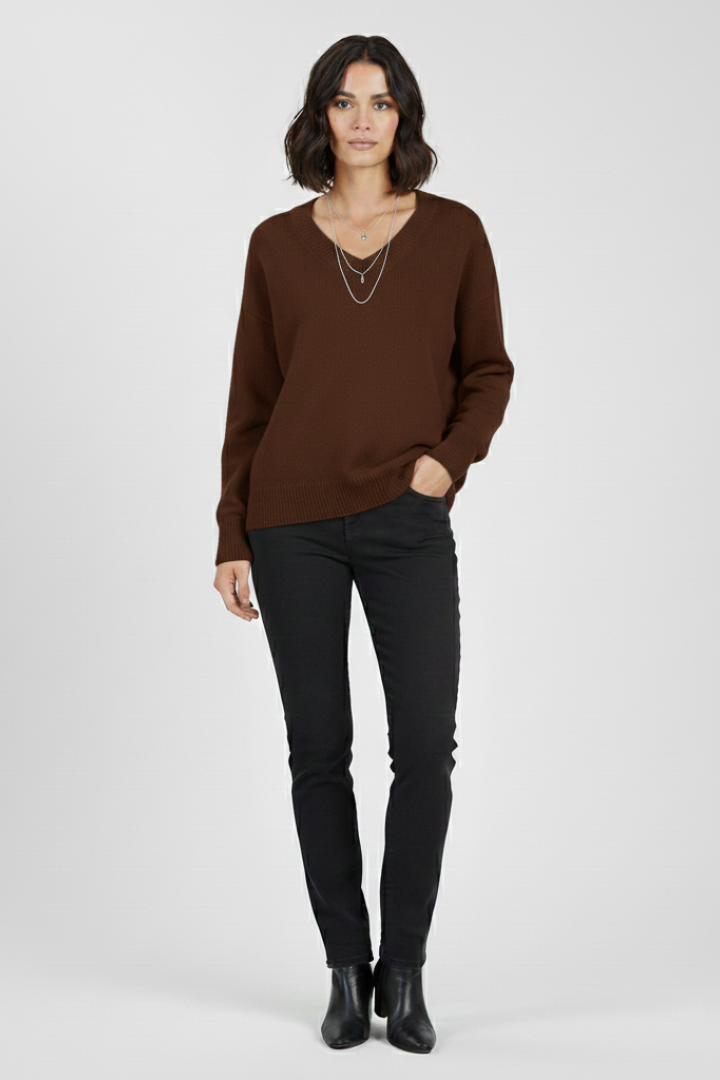 Pull Col V Femme Uni | Maille Fine et Coupe Droite – Marron#couleur_marron