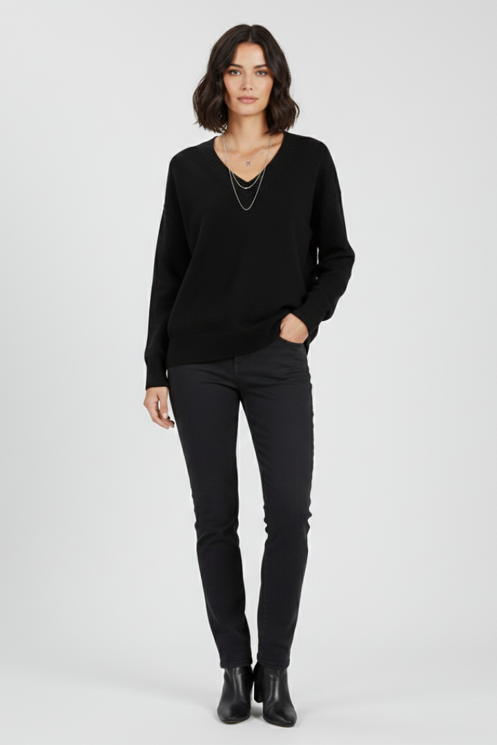 Pull Col V Femme Uni | Maille Fine et Coupe Droite – Noir#couleur_noir