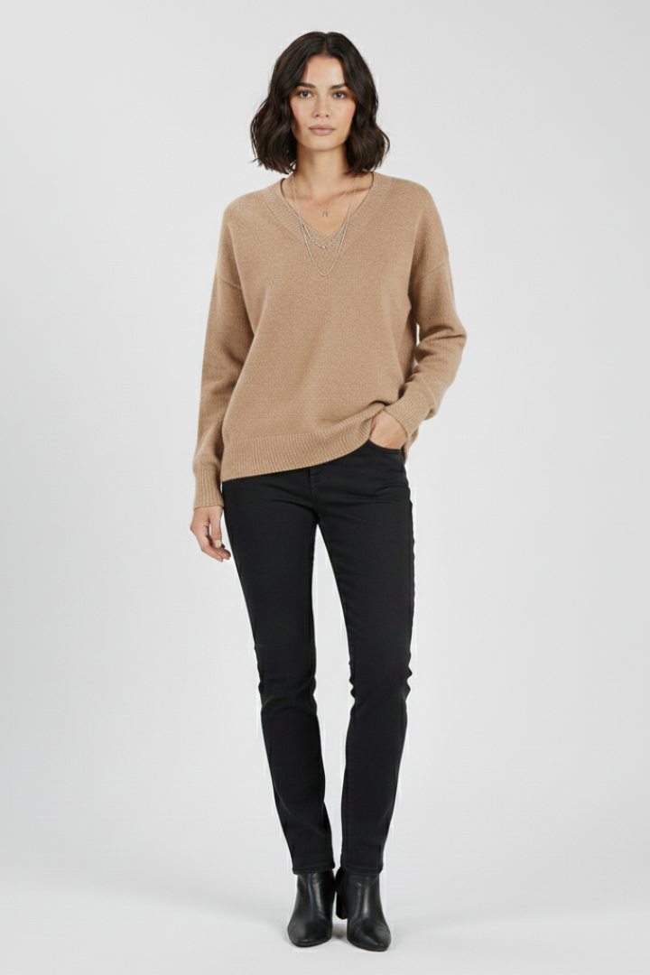 Pull Col V Femme Uni | Maille Fine et Coupe Droite – Beige#couleur_beige