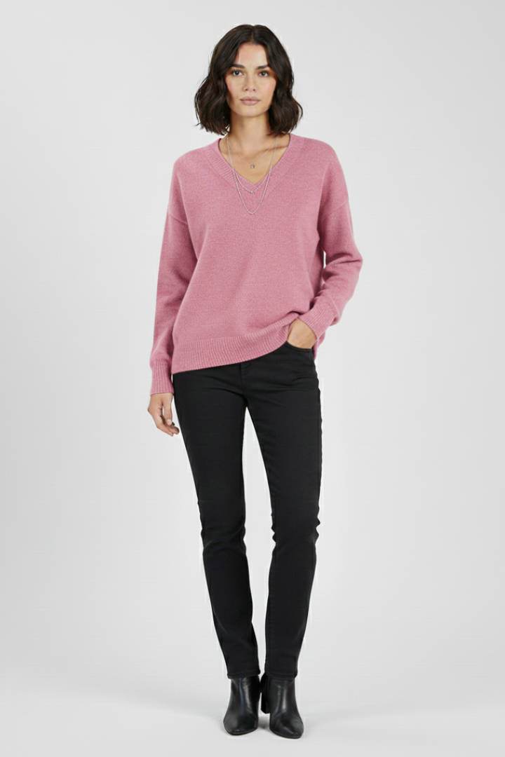 Pull Col V Femme Uni | Maille Fine et Coupe Droite – Rose#couleur_rose