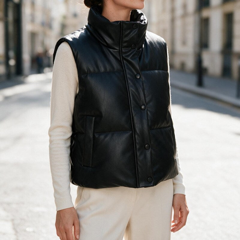 Doudoune Sans Manches | Effet Cuir Chic #couleur_noir