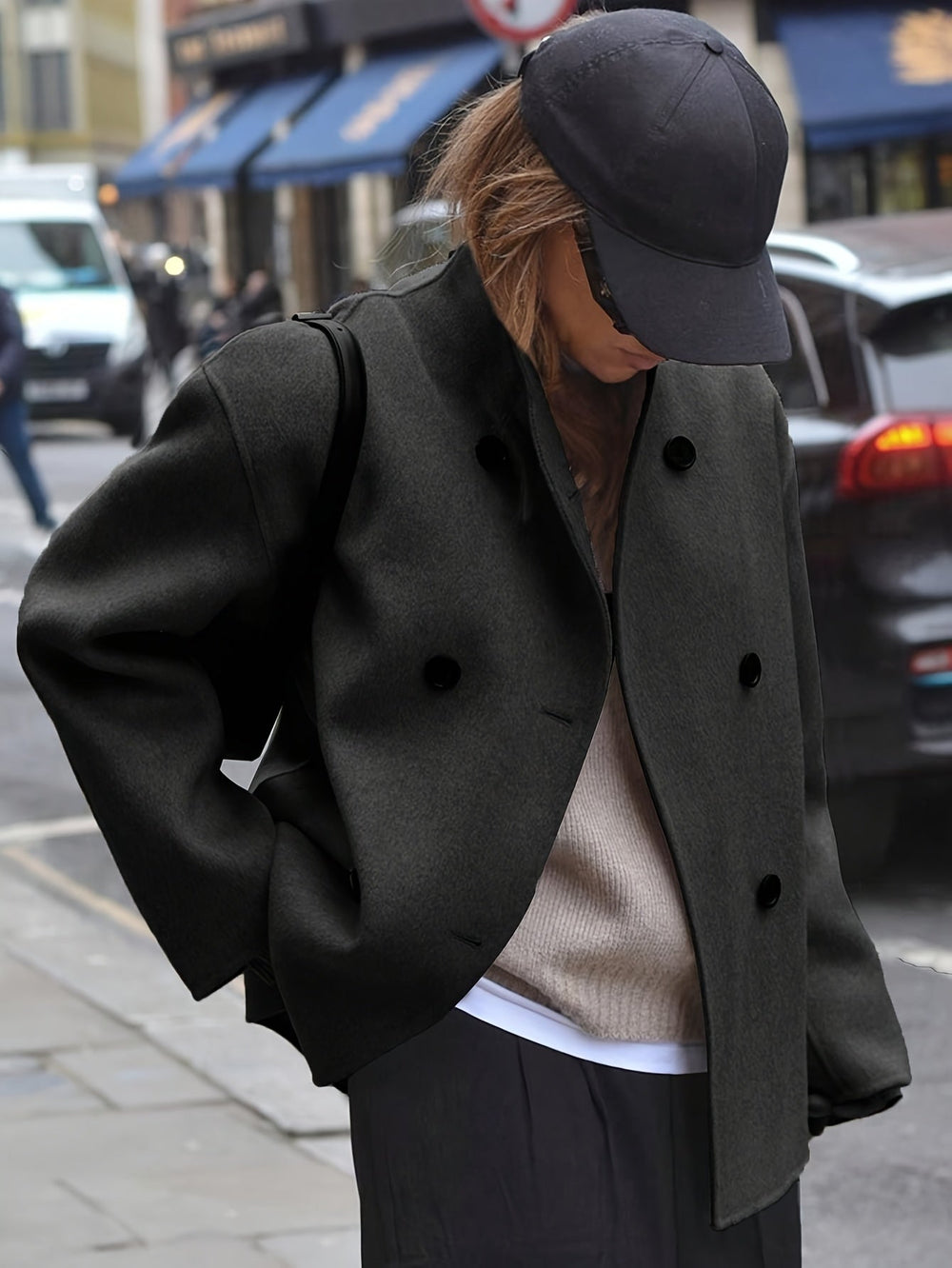 Manteau Court Croisé | Coupe Oversize Structurée – Noir #couleur_noir