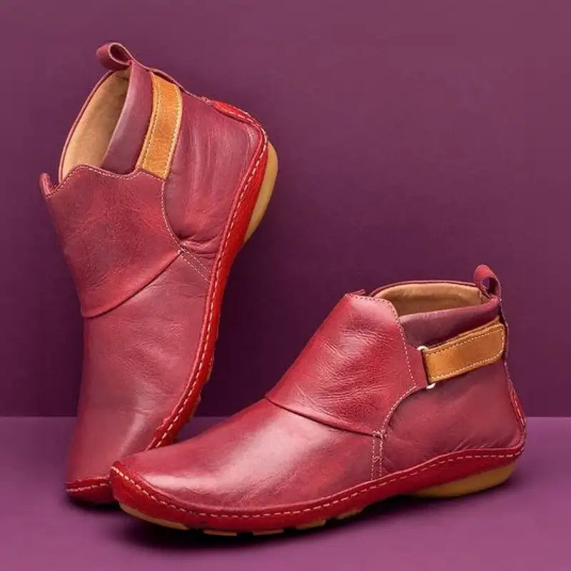 Bottines Souples en Cuir Lisse | Semelle Plate Confortables – Rouge #couleur_rouge