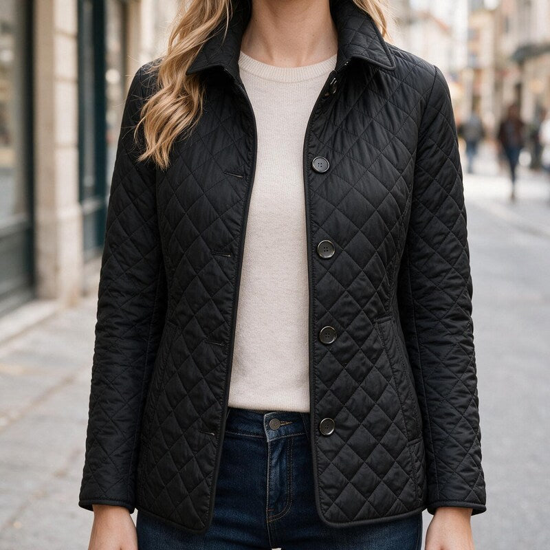 Doudoune Matelassée Losange | Boutonnée Coupe Ceinturée Raffinée in Noir#couleur_noir