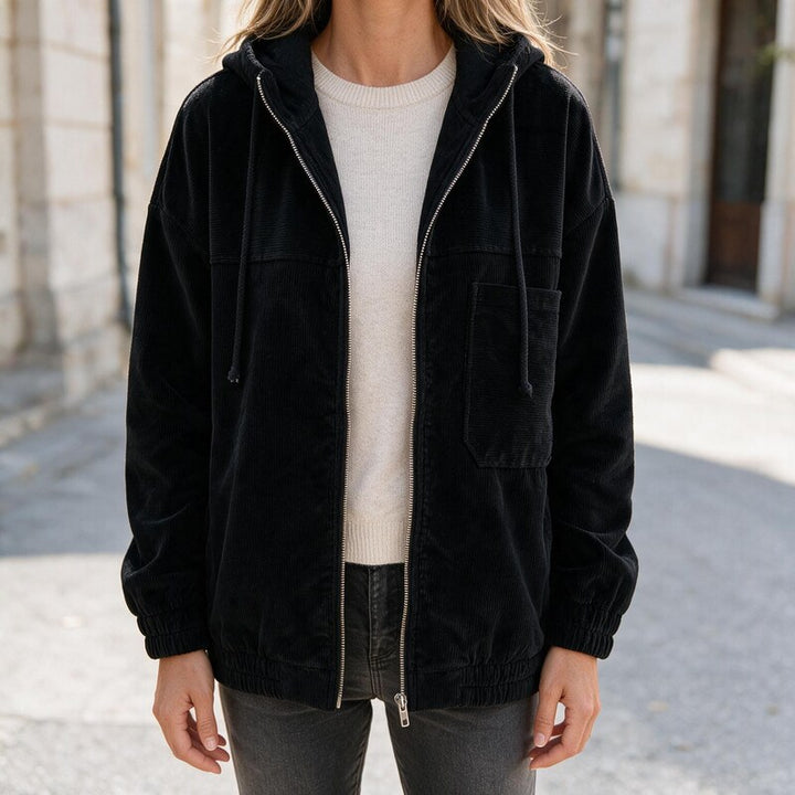 Doudoune Matelassée Velours Côtelé | Capuche Zippée Oversize Chic in Noir#couleur_noir