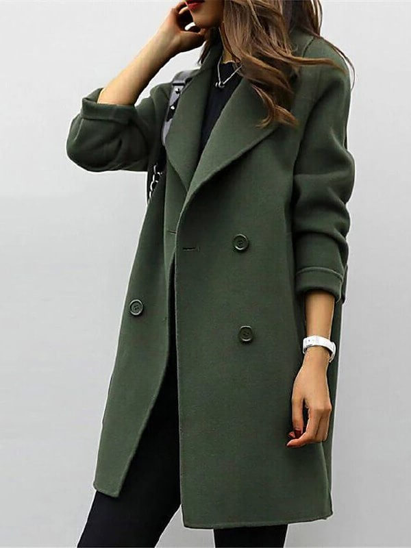 Manteau Long en Laine Mélangée | Grands Revers Décontracté – Vert olive #couleur_vert-olive