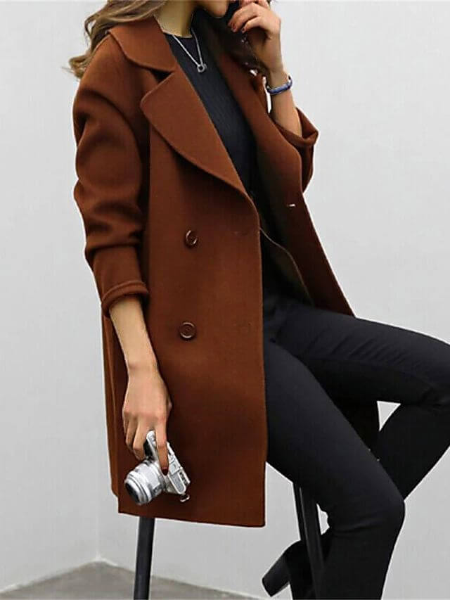 Manteau Long en Laine Mélangée | Grands Revers Décontracté – Marron #couleur_marron
