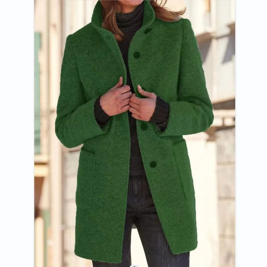 Manteau Court en Laine Bouillie | Petit Col Cranté Moderne – Vert #couleur_vert