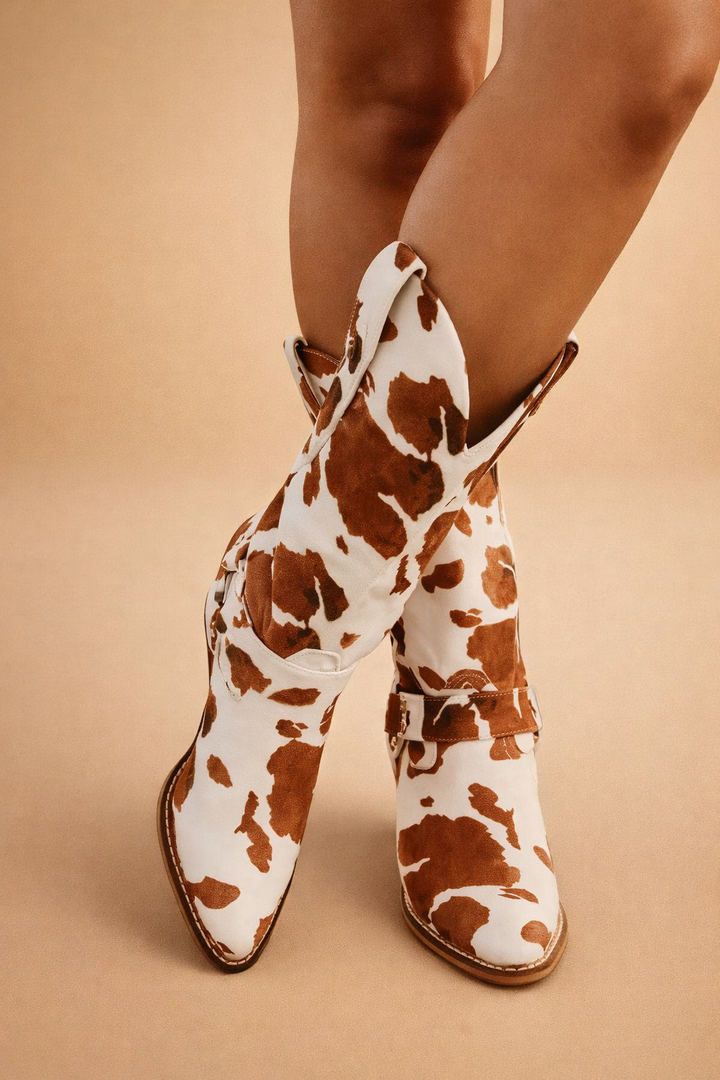Bottes Western Femme Imprimé Vache | Cuir et Bout Pointu in Marron#couleur_marron