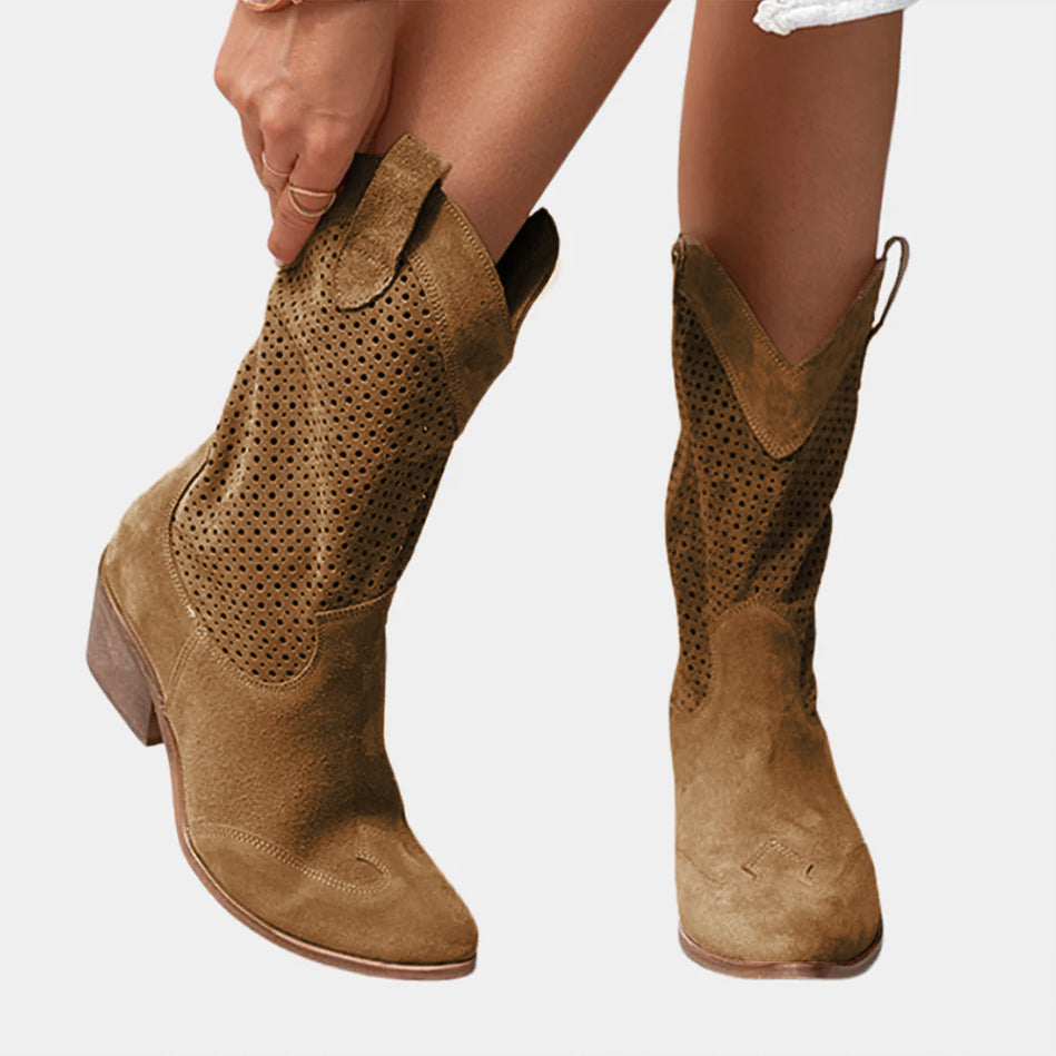 Bottes Femme Western Ajourées | Talon Santiag Décontractées – Marron #couleur_marron