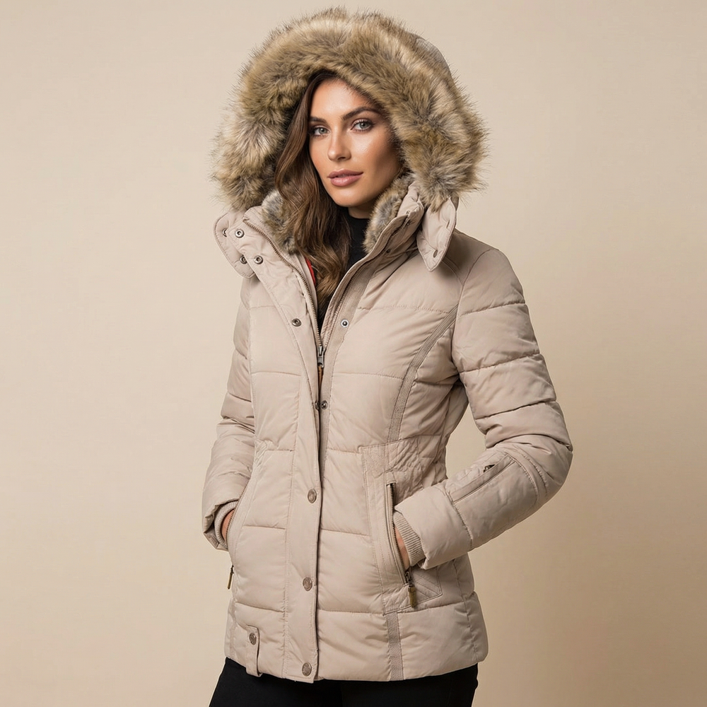 Doudoune Cintrée en Coton | Col Fourrure Amovible Moderne – Beige #couleur_beige