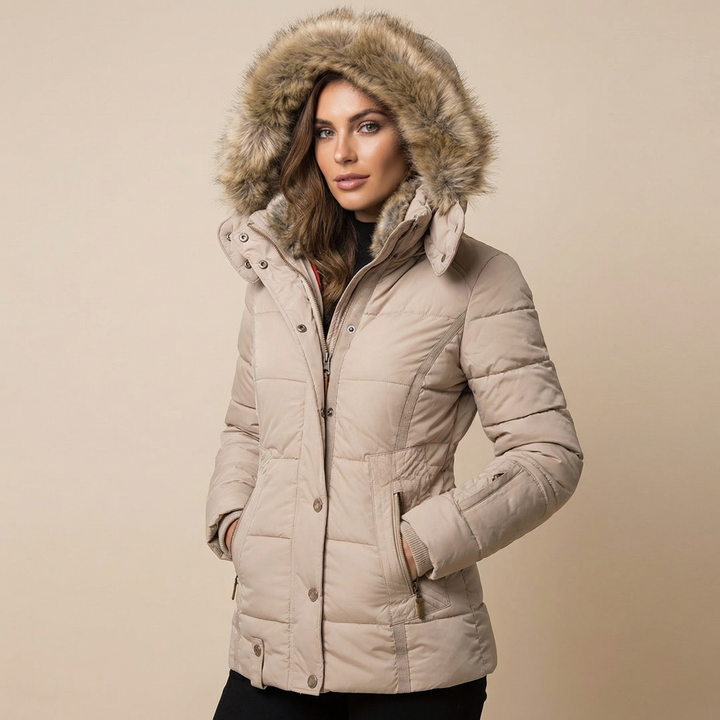 Doudoune Cintrée en Coton | Col Fourrure Amovible Moderne – Beige #couleur_beige